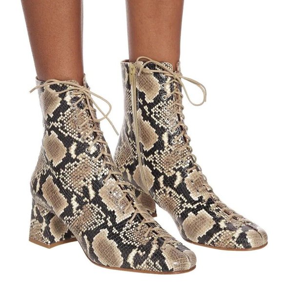 BY FAR Becca beige black snakeskin embossed leather lace up boots - Picture 1 of 14